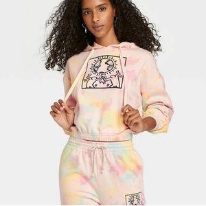 UO Keith Haring Art Tie Dye Crop Hoodie